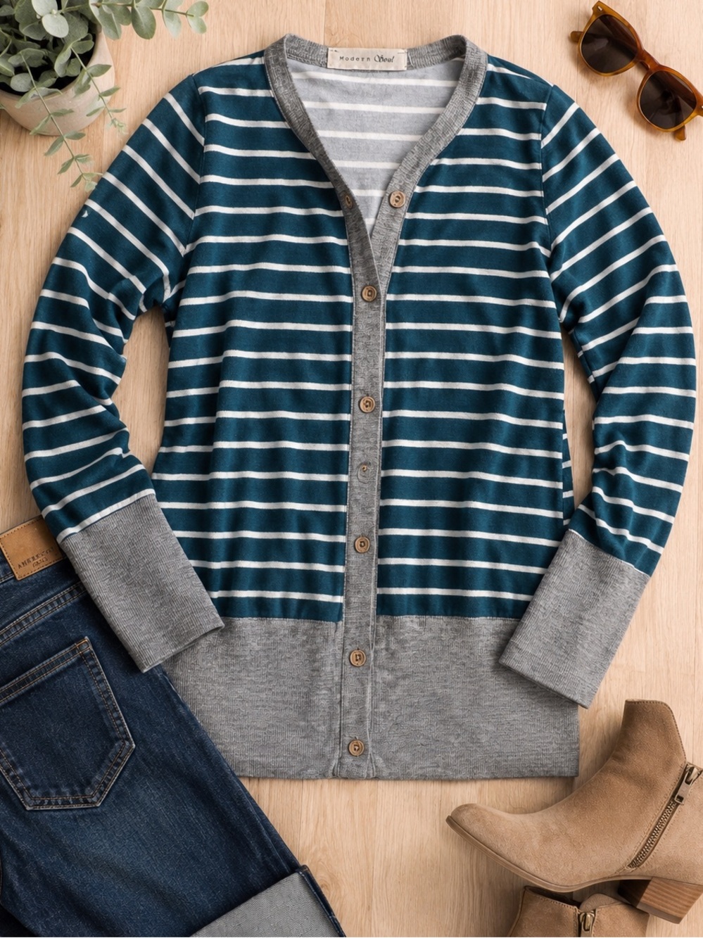 Modern Soul Teal and Gray Striped Button Cardigan